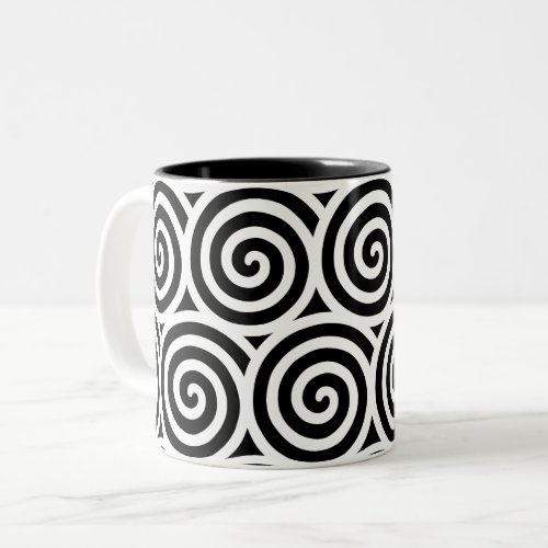 Swirl Spiral Circles on Black  White Two_Tone Coffee Mug