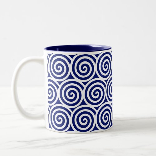 Swirl Spiral Circles on Blue  White Two_Tone Coffee Mug