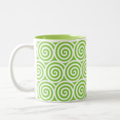 Swirl Spiral Circles on Green  White Two_Tone Coffee Mug