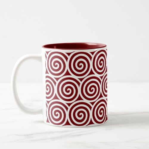 Swirl Spiral Circles on Maroon  White Two_Tone Coffee Mug