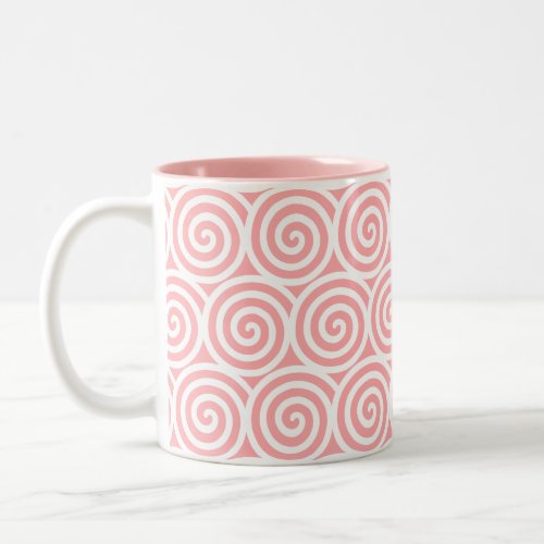 Swirl Spiral Circles on Pink  White Two_Tone Coffee Mug