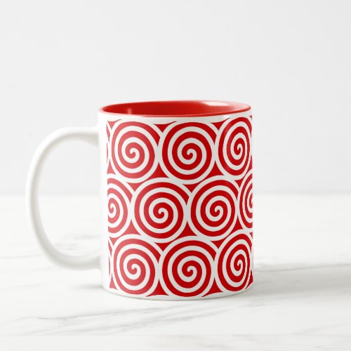 Swirl Spiral Circles on Red  White Two_Tone Coffee Mug