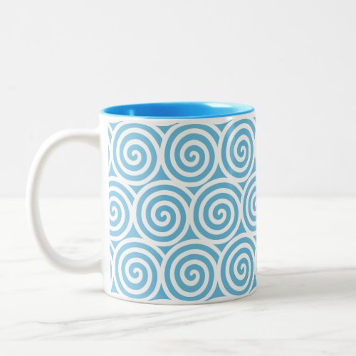 Swirl Spiral Circles on Turquoise  White Two_Tone Coffee Mug