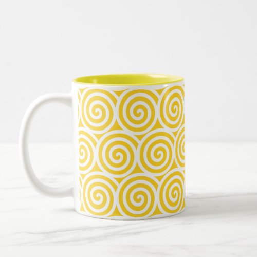 Swirl Spiral Circles on Yellow  White Two_Tone Coffee Mug
