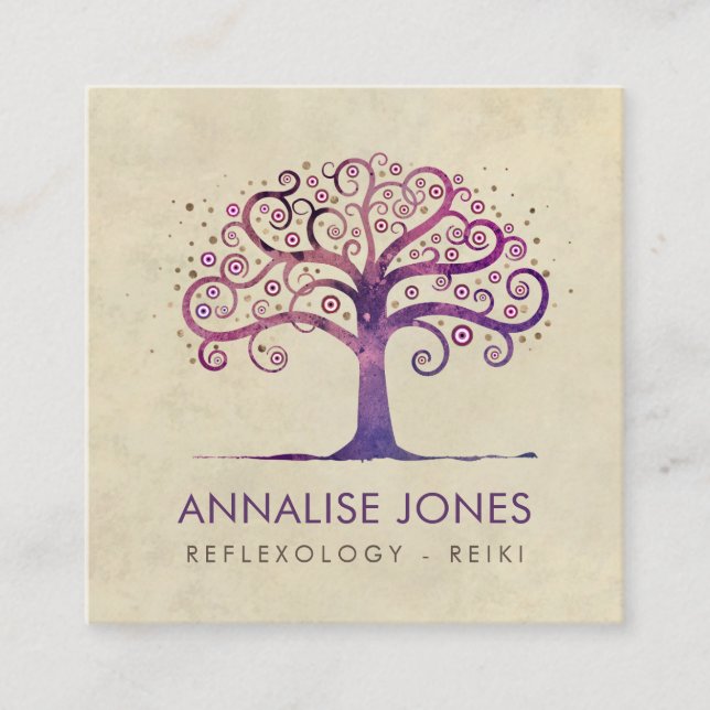 Swirl Tree of Life - Violet Purple Square Business Card (Front)