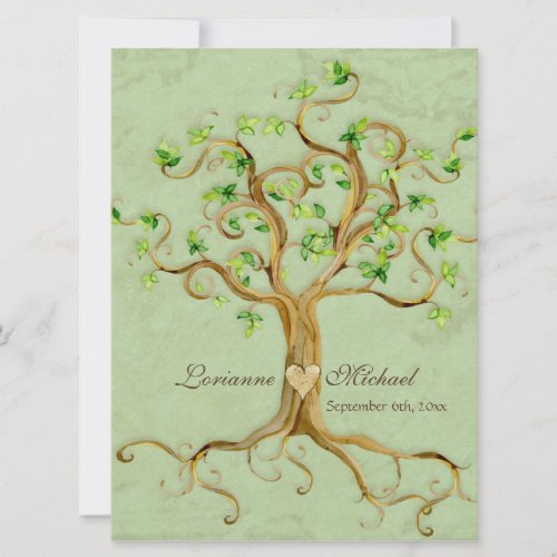 Swirl Tree Roots Antiqued Green Parchment Wedding Invitation