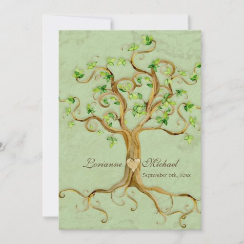 Swirl Tree Roots Antiqued Green Parchment Wedding Invitation