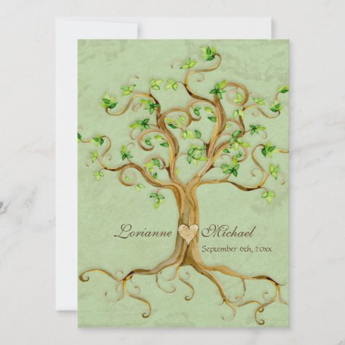 Swirl Tree Roots Antiqued Green Parchment Wedding Invitation