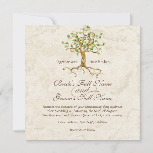 Swirl Tree Roots Antiqued Green Parchment Wedding Invitation