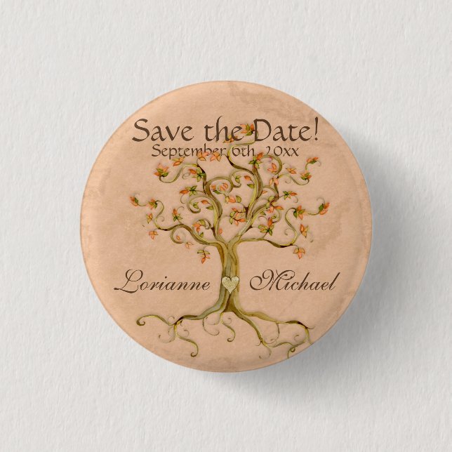 Swirl Tree Roots Antiqued Parchment Save the Date Button (Front)