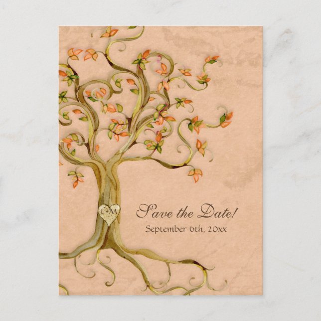 Swirl Tree Roots Antiqued Parchment Wedding Save Announcement Postcard (Front)
