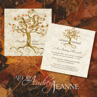 Swirl Tree Roots Antiqued Parchment Wedding Save Invitation
