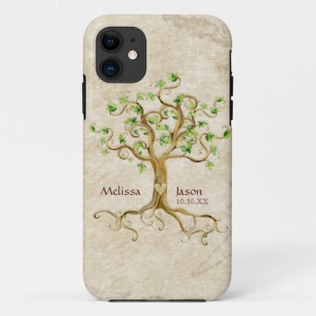 Swirl Tree Roots Antiqued Personalized Names Heart Iphone 11 Case by AudreyJeanne at Zazzle