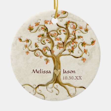 Swirl Tree Roots Antiqued Personalized Names Heart Ceramic Ornament