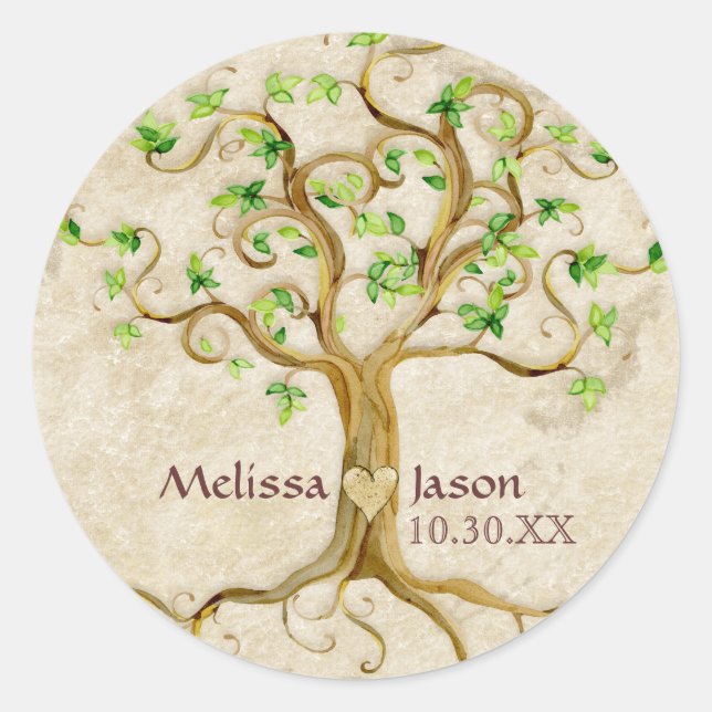 Swirl Tree Roots Antiqued Personalized Names Heart Classic Round Sticker (Front)