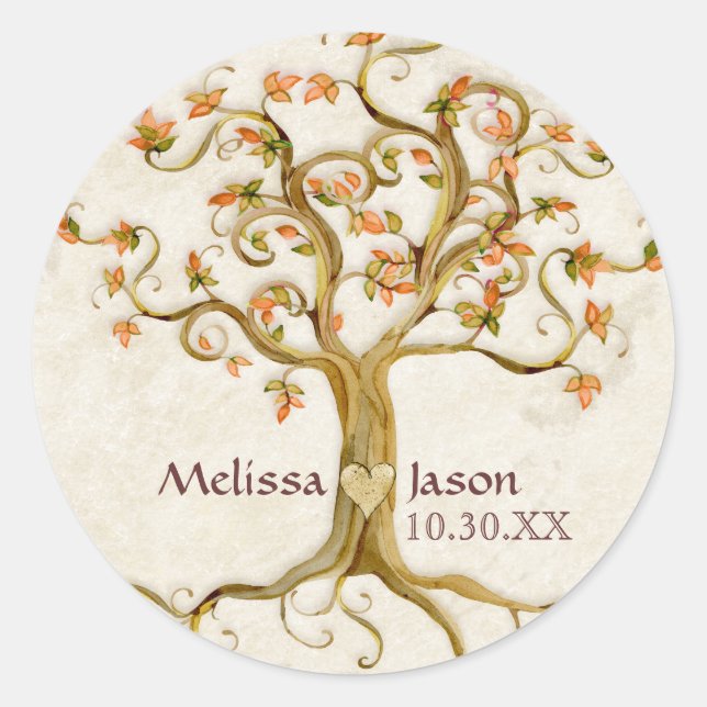 Swirl Tree Roots Antiqued Personalized Names Heart Classic Round Sticker (Front)