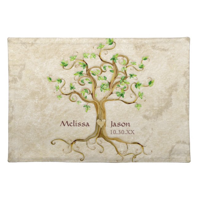 Swirl Tree Roots Antiqued Personalized Names Heart Cloth Placemat (Front)