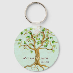 Swirl Tree Roots Antiqued Personalized Names Heart Keychain