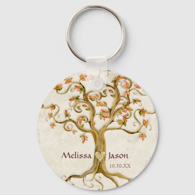 Swirl Tree Roots Antiqued Personalized Names Heart Keychain (Front)