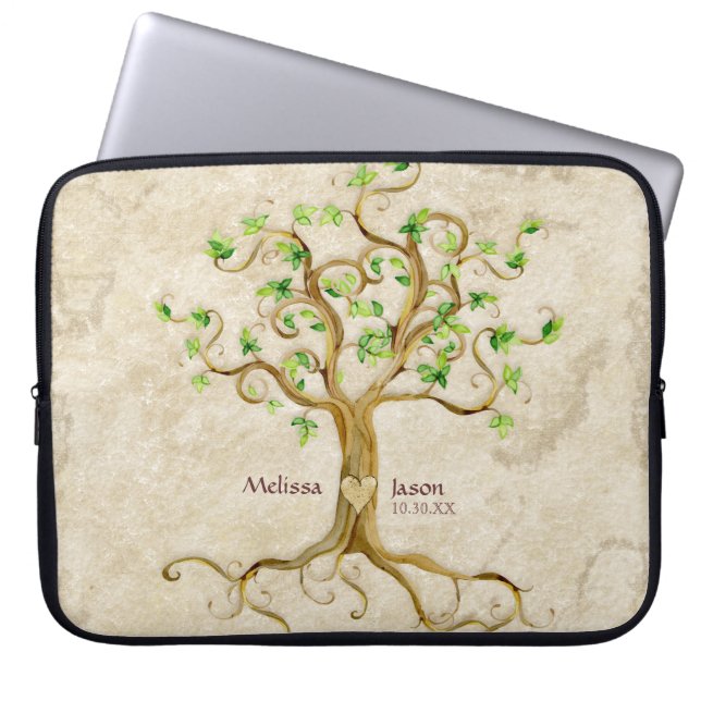 Swirl Tree Roots Antiqued Personalized Names Heart Laptop Sleeve (Front)