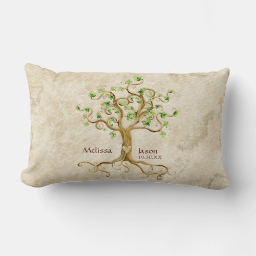 Swirl Tree Roots Antiqued Personalized Names Heart Lumbar Pillow