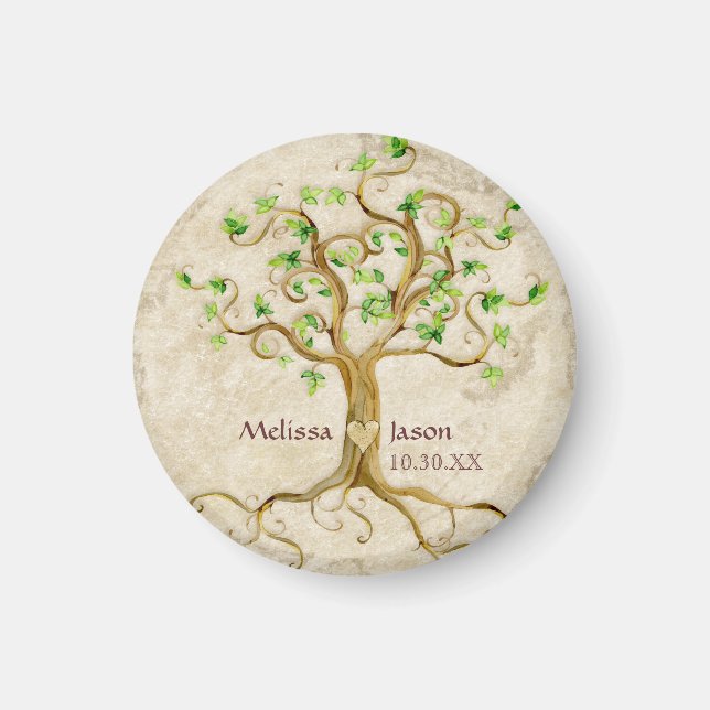 Swirl Tree Roots Antiqued Personalized Names Heart Magnet (Front)