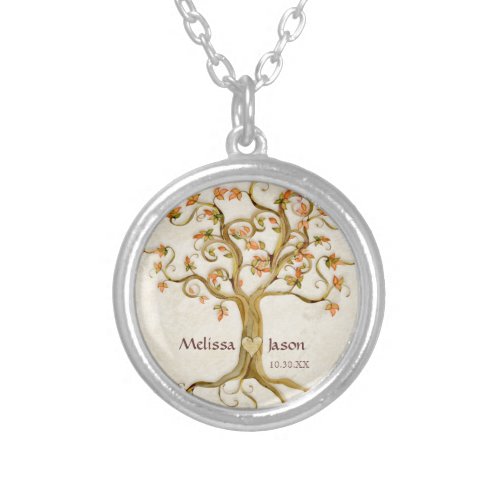 Swirl Tree Roots Antiqued Personalized Names Heart Silver Plated Necklace