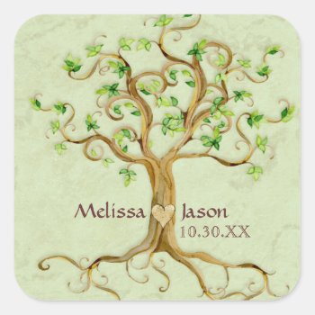 Swirl Tree Roots Antiqued Personalized Names Heart Square Sticker by AudreyJeanne at Zazzle