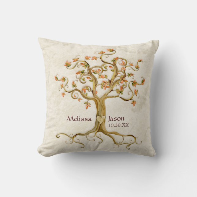 Swirl Tree Roots Antiqued Personalized Names Heart Throw Pillow (Front)