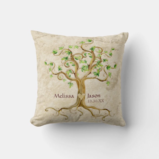 Swirl Tree Roots Antiqued Personalized Names Heart Throw Pillow (Front)