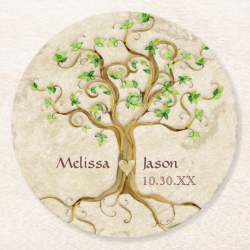 Swirl Tree Roots Antiqued Personalized Wedding Art Round Paper Coaster