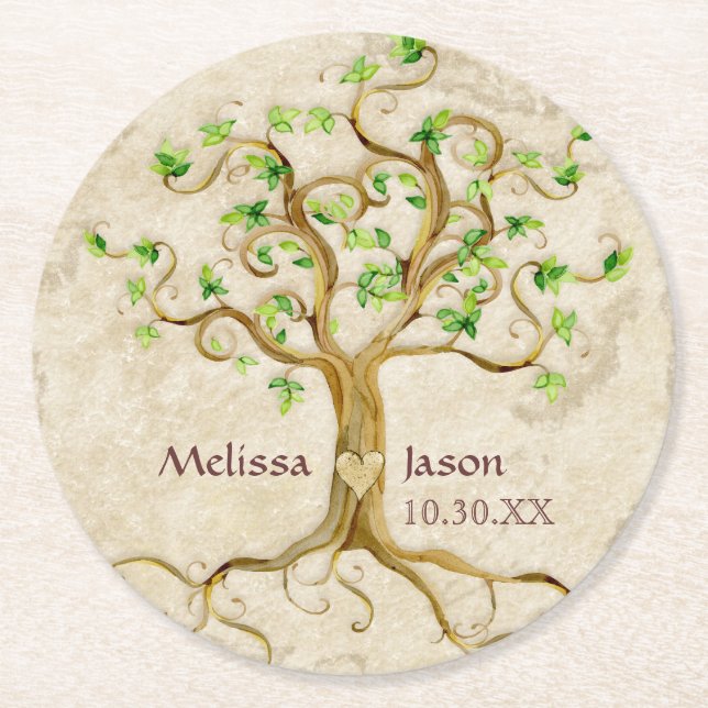 Swirl Tree Roots Antiqued Personalized Wedding Art Round Paper Coaster (Front)