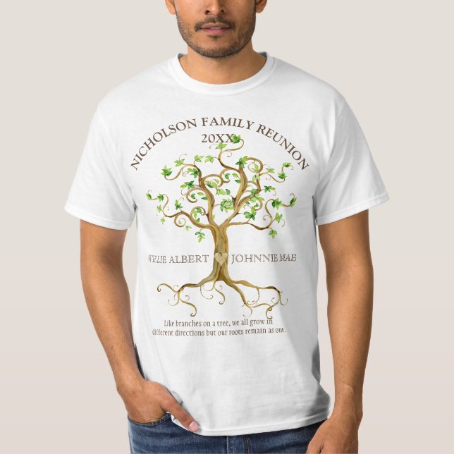 Swirl Tree Roots Watercolor Family Reunion Names T-Shirt (Front)