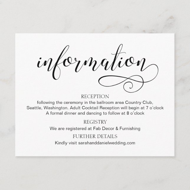 Swirl Typography Wedding Information Card Script (Front)