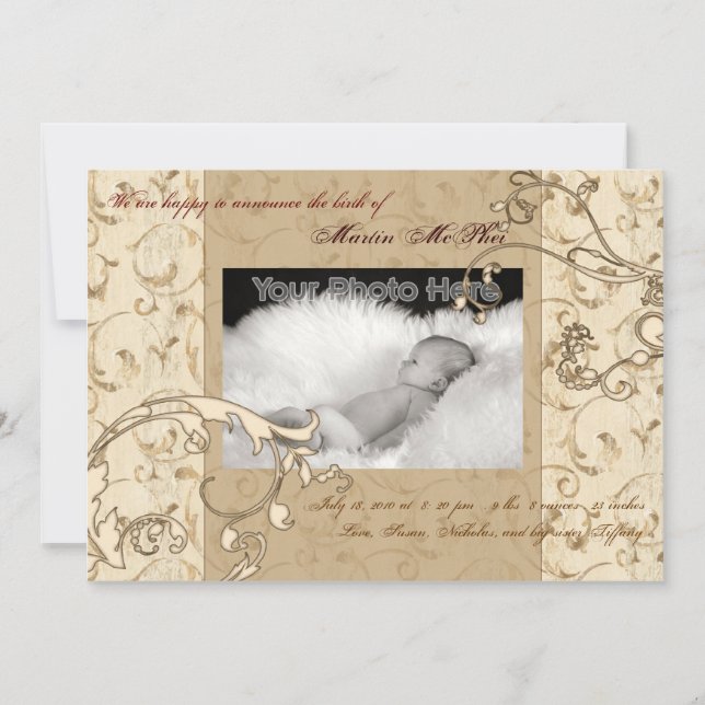 Swirl vintage baby birth announcement (Front)