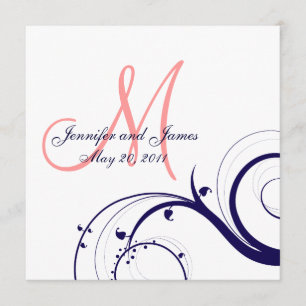Swirl Wedding Invitations Navy Blue Coral Pink