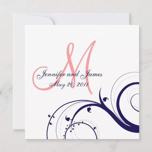 Swirl Wedding Invitations Navy Blue Coral Pink