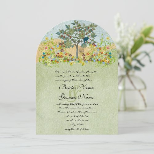 Swirled Flower Love Birds Tree Wedding Invitation
