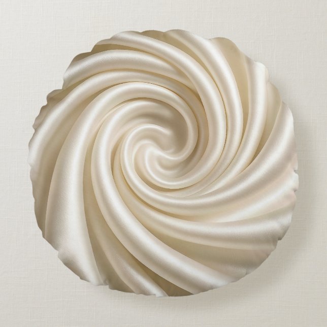 Swirled Ivory Satin Fabric Abstract Round Pillow (Front)