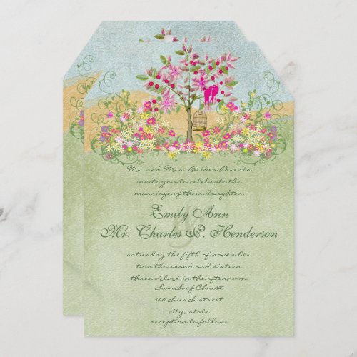 Swirled Pink Green Flower Love Birds Tree Wedding Invitation