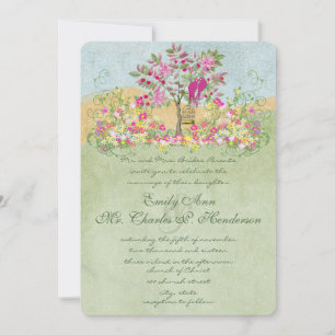 Swirled Pink Green Flower Love Birds Tree Wedding Invitation