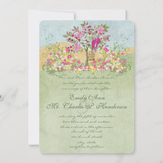 Swirled Pink Green Flower Love Birds Tree Wedding Invitation (Front)