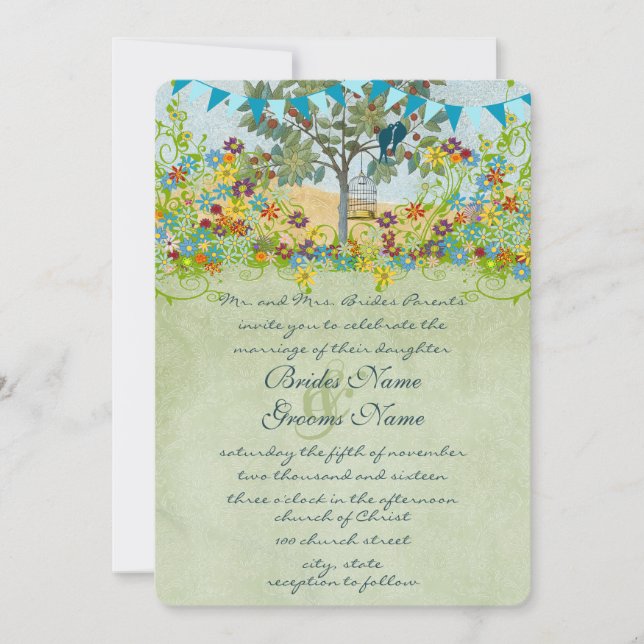 Swirled Romantic Lovebirds Tree Wedding Invitation (Front)