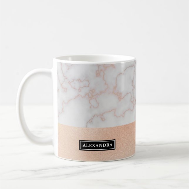 Swirled Rose Gold Marble Look Name Coffee Mug (Left)