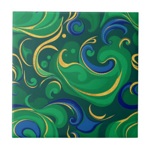 Swirling Abstract Pattern in Rich Green and Gold Ceramic Tile