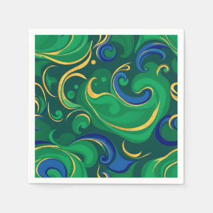 Swirling Abstract Pattern in Rich Green and Gold Napkins