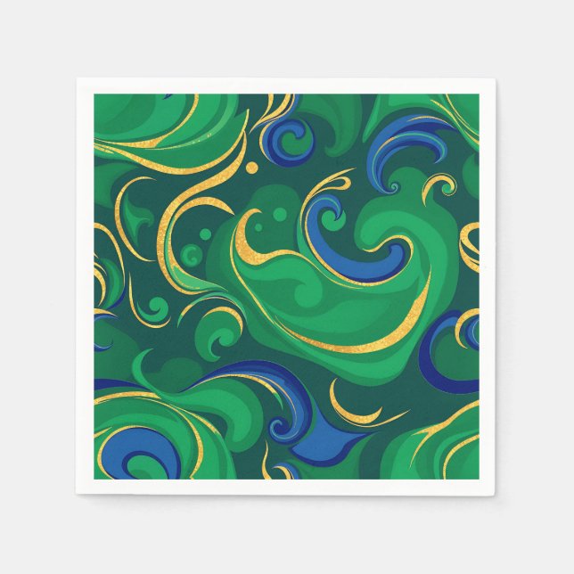 Swirling Abstract Pattern in Rich Green and Gold Napkins (Front)