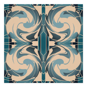 Swirling Beige with Seafoam Gray Teal Symmetrical Poster