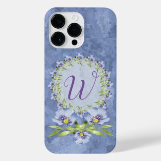 Swirling Blue Flax Flowers Monogram iPhone 14 Pro 