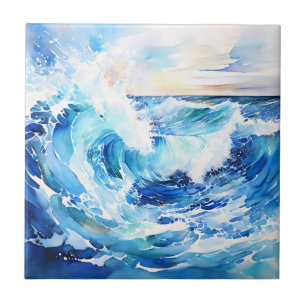 Swirling Blues and Whites Abstract Ocean Wave Ceramic Tile